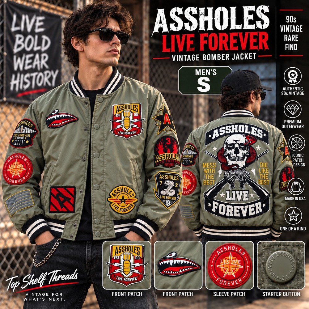 A**holes Live Forever Men S Olive Skull Patch Bomber Jacket Punk Goth Streetwear